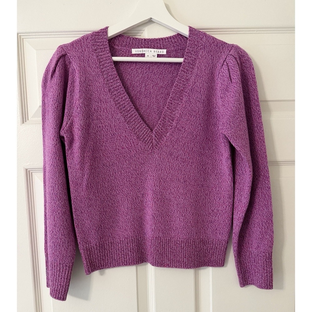 Veronica Beard Kenia Merino Wool Blend V-Neck Puff Shoulder Sweater Fuchsia XS - Picture 2 of 14